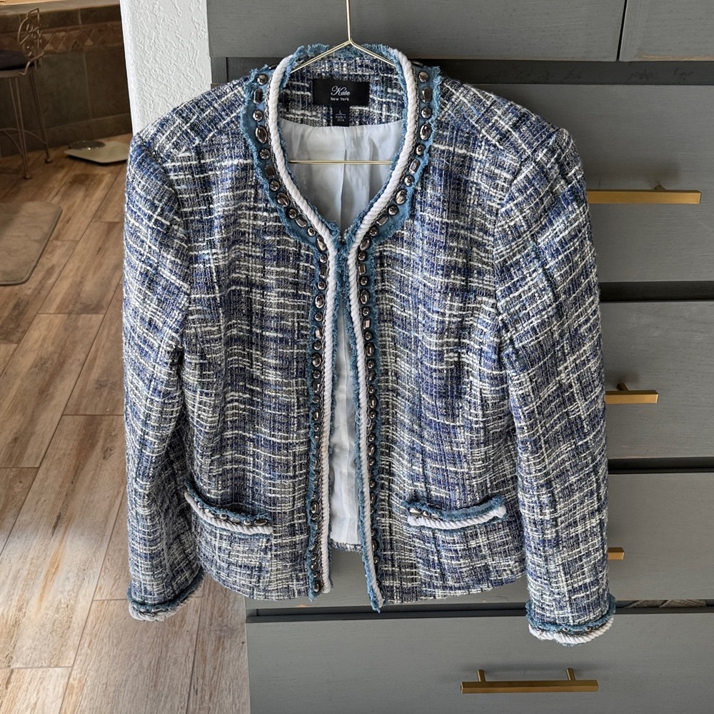 Blue & White Tweed Open-Front Blazer